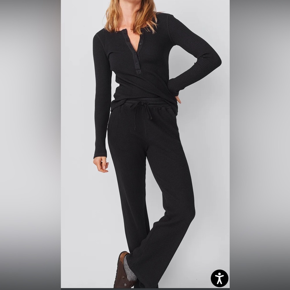 Sundry Black Waffle-Knit Wide-Leg Lounge Pants